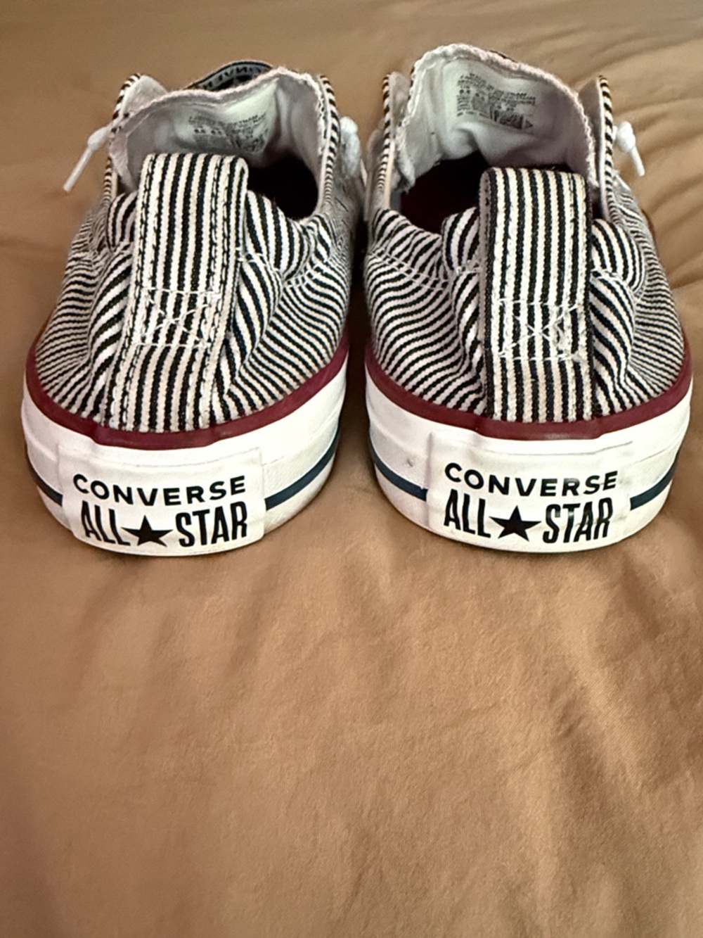 Converse Women’s Black & White Striped Slip-On Sneakers with Burgundy Accents - Picture 3 of 4